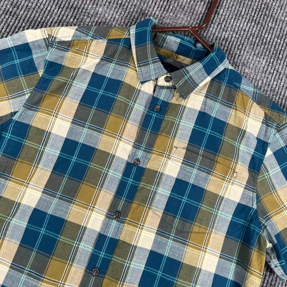 Prana Shirt Mens Medium Blue Gold Plaid Short Sleeve Button Up Outdoor Hike